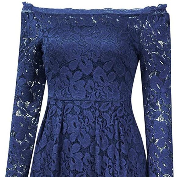 Off Shoulder Lace Retro Pinup Vintage 1950s Long Sleeves Swing Navy Dress L NWT - Picture 3 of 13